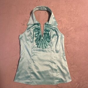 Marciano Halter Top Ruffle Collar V-Neck Sleeveless Women's Medium Teal Y2K Club